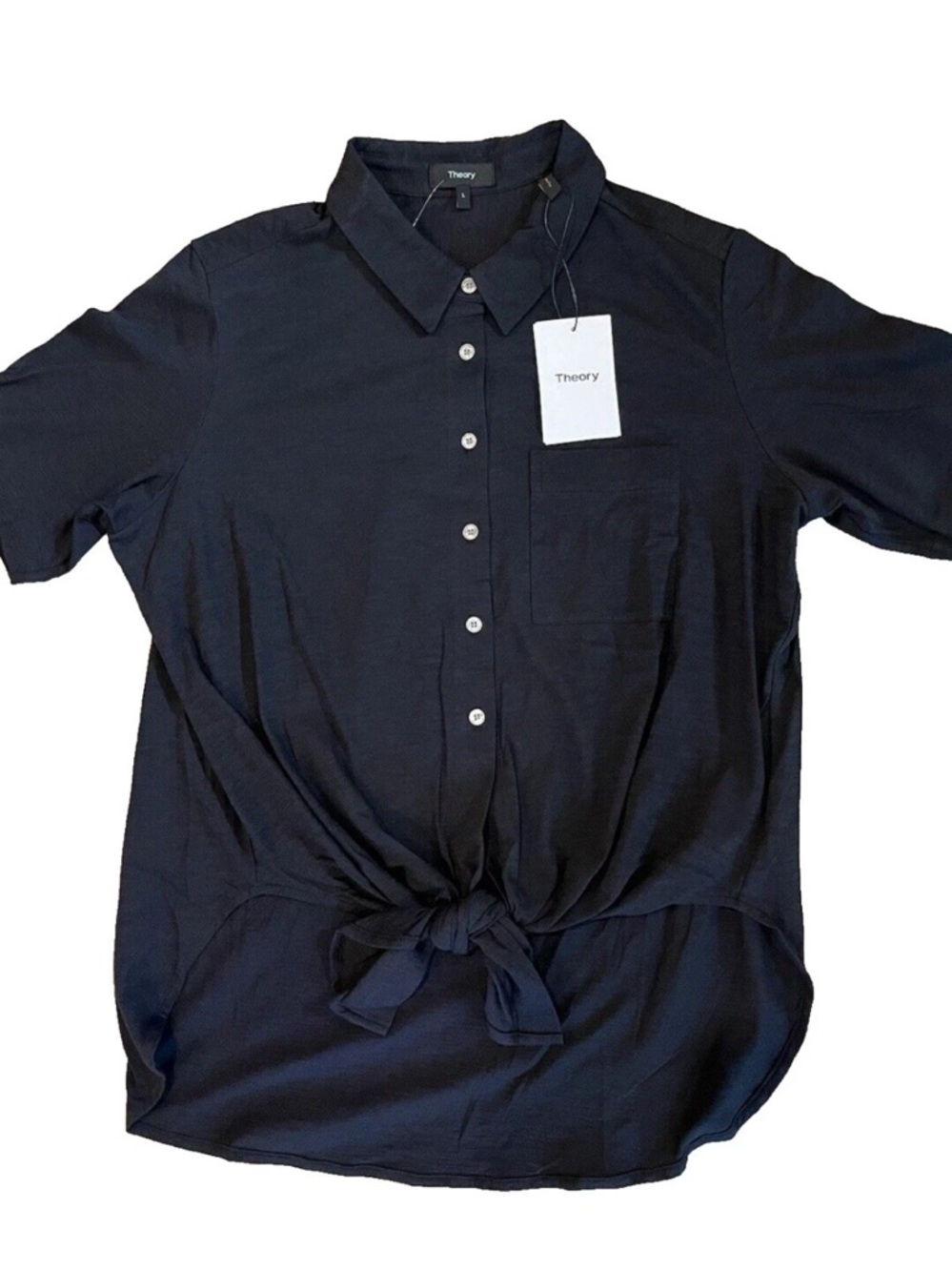 Theory Hekanina Navy Blue Button-Up Cotton Top Size L NWT